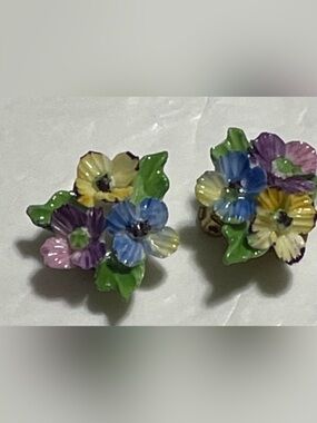 Vintage Porcelain Floral Clip On Earrings Made in England